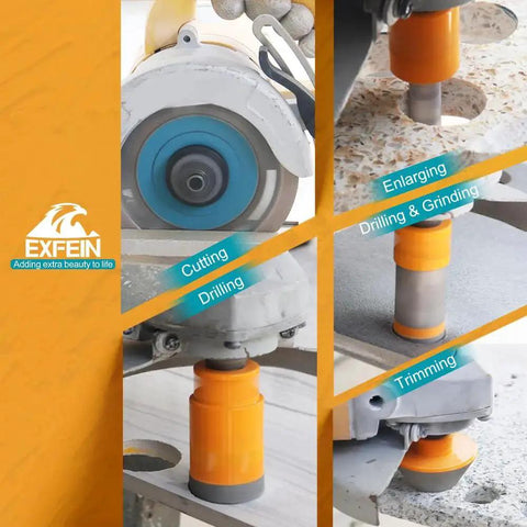 Close-up of All In One Diamond Tile Hole Saw Kit For Porcelain Marble With 12 Piece Core Drill Bit Set including 6mm to 65mm sizes by EXFEIN in use for cutting, enlarging, and trimming.