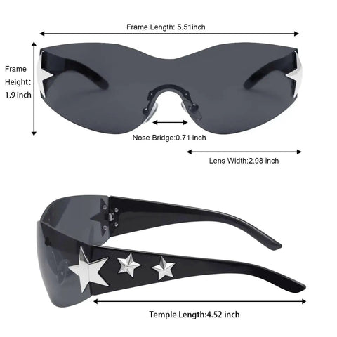 Rimless Y2K Sunglasses With Star Wrap Design UV400 Protection Lightweight PC Frames And Reinforced Hinges in Black Side View