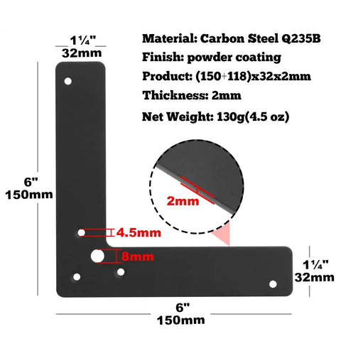 10 Pcs 6 Inch Black L Shaped Corner Brace Mending Plate Steel Flat Anti Corrosion Powder Coat For Long Lasting Support Measures 6 x 6 x 1 1/4 Inches Countersunk Holes 4.5 Mm And 8 Mm Maximum Load Up To 15 Kg diagram