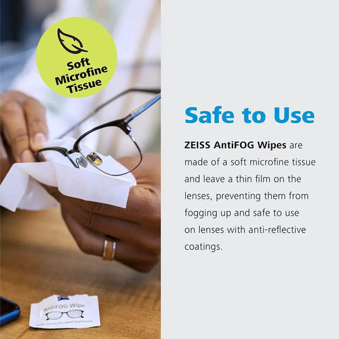 Person using ZEISS Anti Fog Wipes For Glasses And Goggles 120 Count 24 Hour Fog Prevention, highlighting soft microfine tissue.