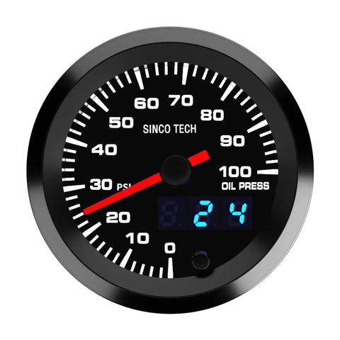 52mm Car Gauge Kit With Digital Display Pointer And 7 Color Backlight For Oil Pressure PSI, 12V Universal Gauge Kit face view