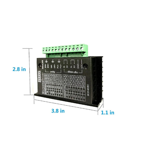 TB6600 Stepper Motor Driver 4A For 9 To 42V With 32 Subdivision, showing dimensions, compatible with NEMA 17 and 23 CNC controllers.