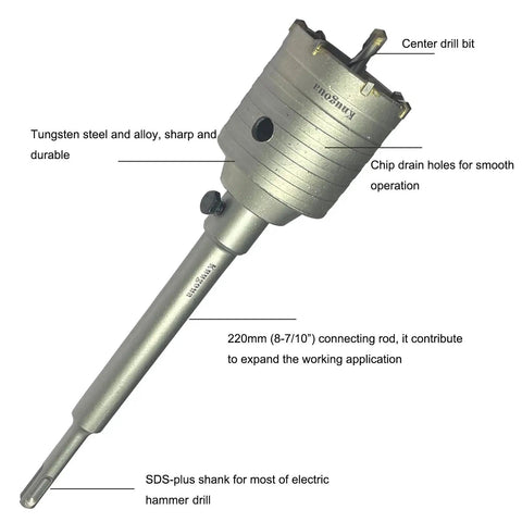 Concrete Hole Saw Kit With Tungsten Steel SDS Plus Shank, 220mm rod, close-up showing drill bit features for clean cement and stone holes.