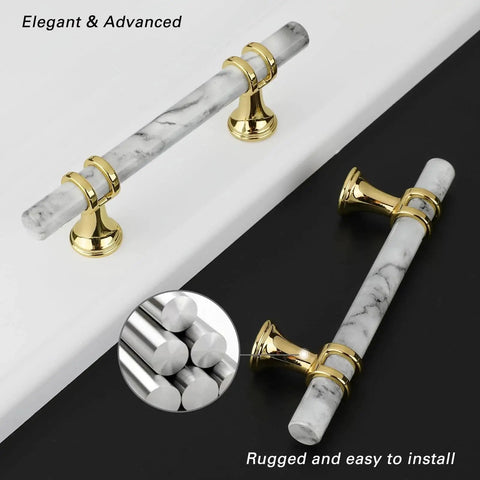White Marble And Gold Drawer Pulls Set, 10 Pack, 3 Inch Center Hole T Bar Zinc Alloy Cabinet Handles For Kitchen And Dresser