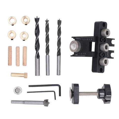 3 In 1 Doweling Jig Kit With Anodized Aluminum Body And Brass Limit Block, Rock Solid Fixing Clamp For Quick Furniture Assembly