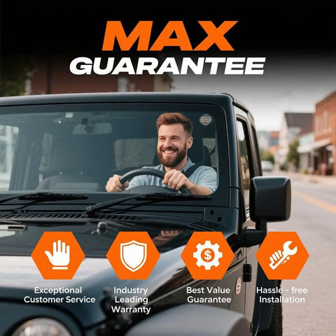 Man driving a black SUV with icons for customer service, warranty, guarantee, and installation benefits below.
