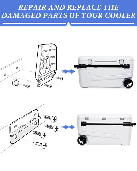 Diagram showing installation of Cooler Hinges And Latch Replacement Kit For Igloo Coolers with stainless steel parts and screws