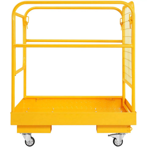 Front view of Forklift Safety Cage Work Platform 1200 Lb Load Capacity Collapsible With Wheels showing metal frame and wheels.
