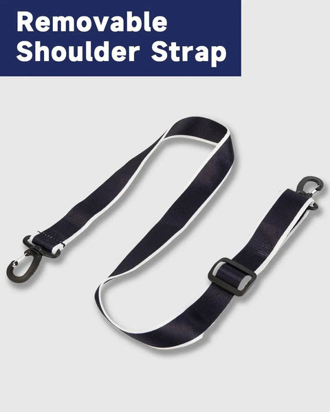 Black removable shoulder strap for versatile rolling duffle bag with detachable wheels and adjustable shoulder strap for easy travel.