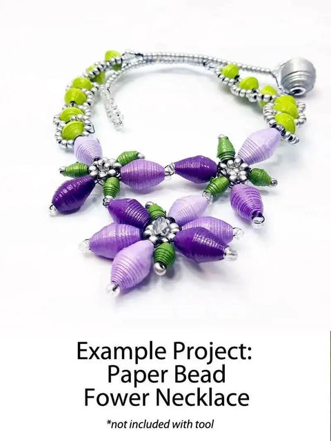 Example project paper bead flower necklace made using Pro Grade Quilling Tool Kit with two slotted winding pins.
