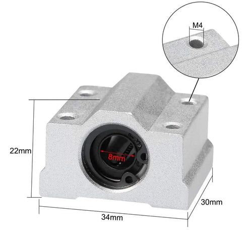 8mm SCS8UU Linear Motion Ball Bearing with dimensions for 3D printer CNC, aluminum block, compatible with LM8UU, front view