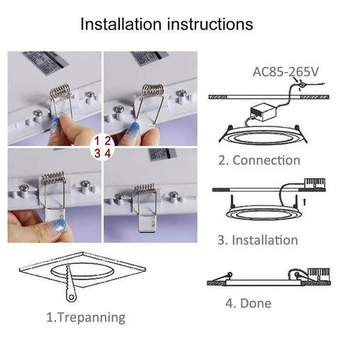 Installation instructions for downlight with connection and installation steps shown in diagrams and photos of hands adjusting clips.