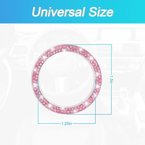 Close-up of Pink Car Start Button Bling Ring Set 2 Pack Crystal Rhinestone Decals showing dimensions and universal size for car start buttons.