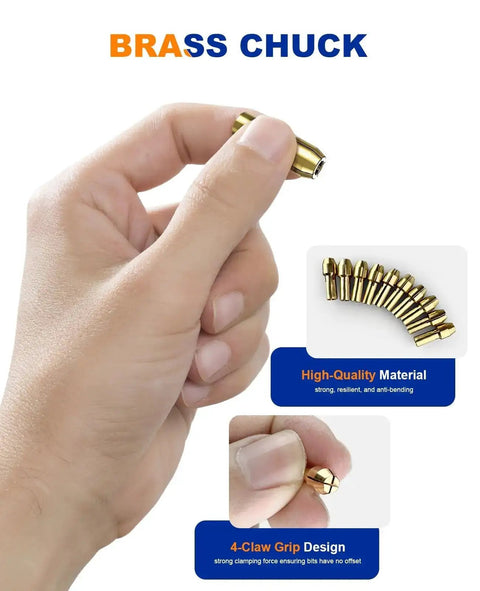 Hand holding brass collet from 15 Piece Chuck Collet Set For Rotary Tools And Mini Drills, keyless quick change chuck with brass collet nut