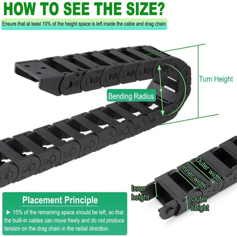 Flexible Drag Chain Cable Wire 10x15mm Internal Size Black Open Type For CNC Routers, Mills And 3D Printers, shown with sizing details