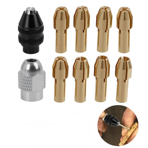 Pro Grade Drill Chuck Collet Set for Dremel Rotary Tools, Quick Change Keyless Chuck Adapter Kit, 0.5 to 3.2 mm Range, Brass Collets