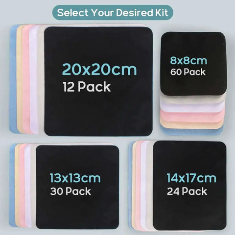 Image showing various sizes of suede microfiber cleaning cloth packs, including Large Suede Microfiber Cleaning Cloths For Eyeglasses 12 Pack 20x20 Cm Lint Free.