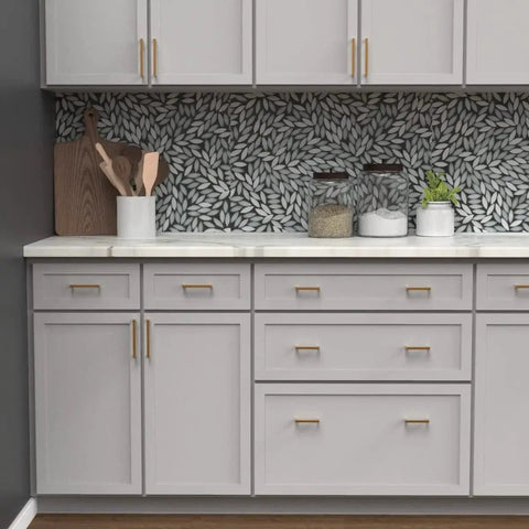 Modern kitchen cabinets featuring Heritage Designs Contemporary Cabinet Pull 3-3/4 Inch Center to Center Brushed Brass Finish 10-Pack.