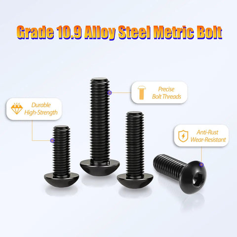 Four black alloy steel grade 10.9 hex socket button head bolts in different sizes against a white background.