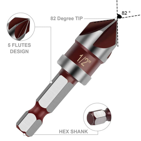 82 Degree HSS countersink drill bit with 1/2 inch size, five flutes design, and hex shank for wood, metal, and plastic.