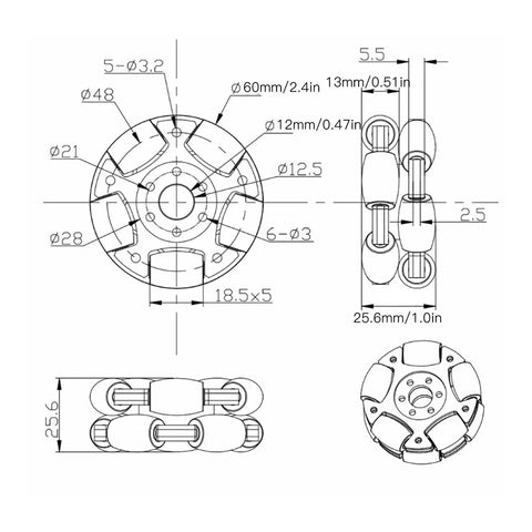 Technical diagram of 60mm Aluminium Alloy Omni Wheel For Robots With Anti Slip Surface And 360 Degree Rotation Replacement Wheel Featuring 10 Rubber Rollers For True Omnidirectional Movement On Robotic Platforms UPQRSG, showing dimensions and roller arrangement.