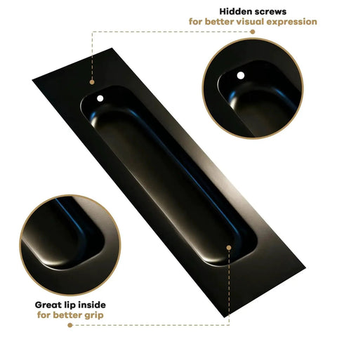 Front view of Matte Black Pocket Door Hardware Set With Two Recessed Flush Finger Pulls And One Edge Pull Stainless Steel 304 Finish for smooth sliding closet doors.