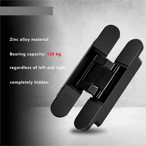 Image of a black zinc alloy door hinge, part of a 4 Pack Invisible Concealed Door Hinges With 3D Cross Adjustment, Heavy Duty 120 To 180 Kg Load Rating, Screws Included, Hidden Door Hardware For Bedroom And Living Room Renovations, shown from a side angle with text detailing zinc material and 120 kg capacity.