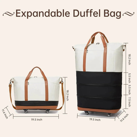Expandable Travel Duffle Bag With Wheels That Grows From Compact To 130L A rolling foldable duffle showing compact and expanded sizes.