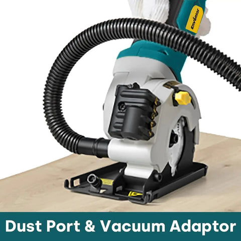 Compact Enventor Mini Circular Saw With Laser Guide Corded 4.8 Amp 4000 RPM with dust port on wood surface
