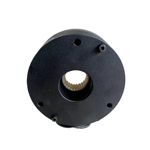 Front view of black circular servo motor holding brake housing with gold splined central bore
