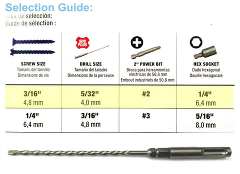 Close-up of 24 Piece SDS Plus Rotary Hammer Drill Bit Set For Concrete Three Sixteenth Inch By Seven Inch Bits With One Quarter Inch Hex Shank Tungsten Carbide Tip Braze Hardened For Long Life And Fast Masonry Tile Brick Drilling next to selection guide showing compatibility sizes for screws, drill, power bit, and hex socket in various measurements.