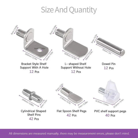 Six Styles Shelf Pins Set With 160 Pieces Nickel Plated Cabinet Pins For 5mm And 6mm Shelf Holes showing types and sizes