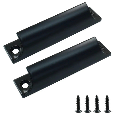 Two black aluminum sash lift handles with 3.5 inch center-to-center hole spacing, shown with mounting screws.