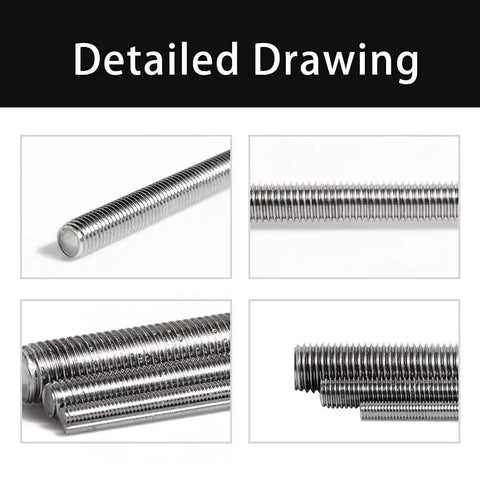 M8 1.25mm 304 Stainless Steel Fully Threaded Rod 250mm Right Hand Pack of 2, various detailed views