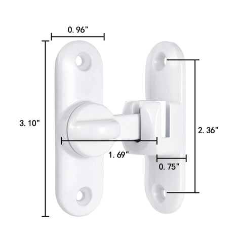 White Barn Door Latch Set With 90/180 Degree Gate Lock Ideal For Cabinets Sliding Doors And Bathrooms Zinc Alloy Right Angle Door Lock Latch No Fuss Install And Solid Security showing dimensions and zinc alloy material.