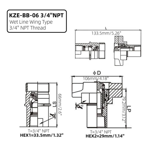 KZE-BB-06 3/4 in NPT wet-line wing-type hydraulic quick disconnect coupling, cross-section diagram with dimensions