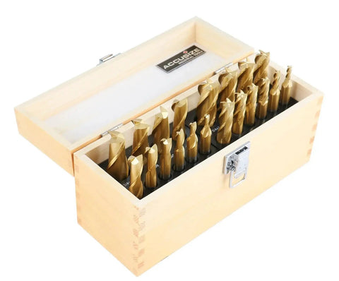 Open wood case of Pro Grade TiN Coated HSS End Mill Set 20 Piece Inch Sizes Three Sixteenths to Three Quarters Includes Two Flute and Four Flute Cutters