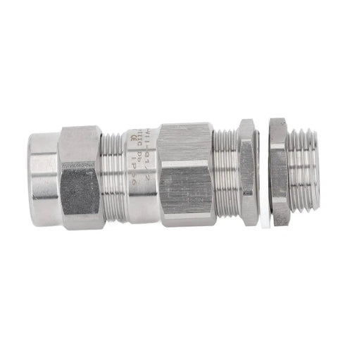 Side view of a Waterproof Explosion Proof Cable Gland 304 Stainless Steel Dual Sealing Armored Protector, showing multiple components.