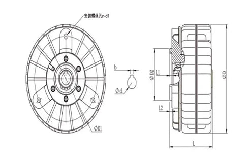 Mechanivis shell rotating hollow-shaft magnetic powder brake, 24V, front and side view schematic
