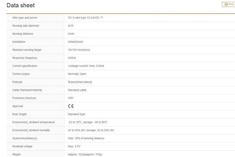 Data sheet for PRT18-5DO Plug And Play Inductive Proximity Sensor PNP Normally Open 12-24V DC M18 Shielded Flush Mount