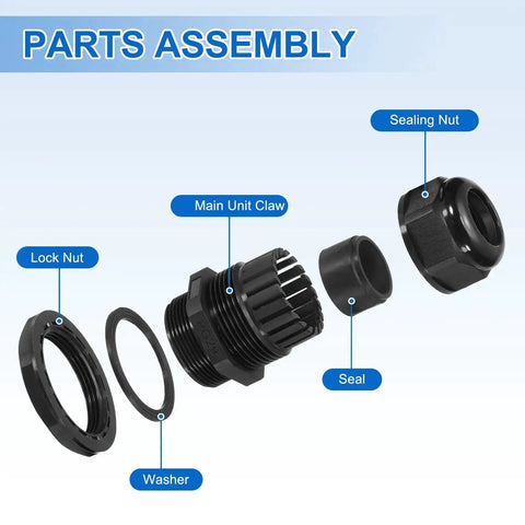 Exploded view of 5 Pack PG29 Cable Glands Adjustable 18 To 25mm PA6 Nylon IP68 Waterproof Connectors With Seals in black.