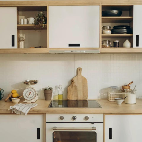 Modern kitchen with Rectangular Recessed Door Pull Handle Set With Flat Back For Sliding Doors, Cabinets, And Closets, in black.