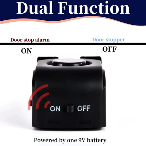 Door Stop Alarm 120dB Security Floor Wedge Door Stopper For Travel Home Pack 2, black device shown with on-off switch
