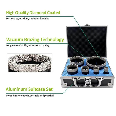 Diamond Core Drill Bits Set 6pc 19mm 25mm 35mm 51mm 76mm 102mm For Porcelain Tile Marble Granite Masonry Brick Dry Wet Drilling Kit With Diamond Finger Bit Pro Grade Heavy Duty Tile Hole Saw Kit displayed in open case