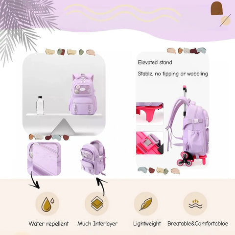 Girls Rolling Backpack For School With Wheels Durable Lightweight Polyester Trolley Bag Displayed From Various Angles and Features