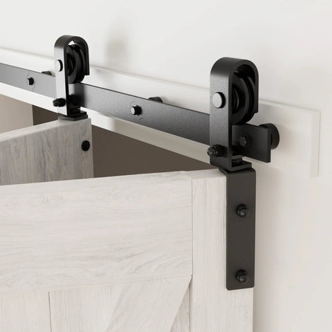 36 Inch Bi Folding Sliding Barn Door Hardware Kit For Two Doors Quiet Smooth Operation Black Track With J Shape Rollers