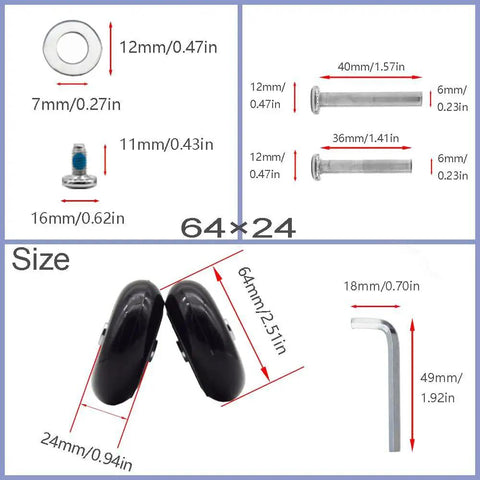 Set Of 4 Luggage Replacement Wheels 64x24mm wear resistant rubber with dimensions and components for suitcase repair and upgrades