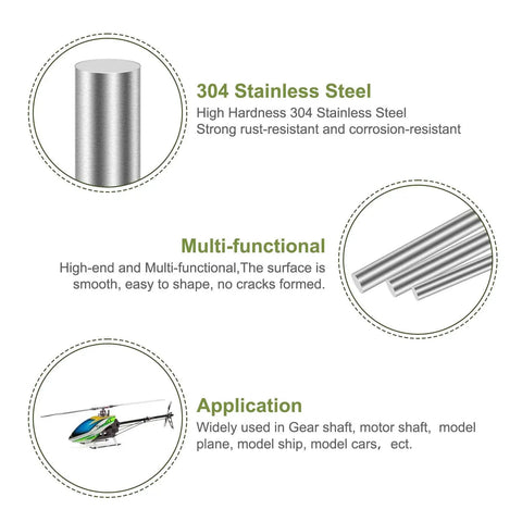 304 Stainless Steel Round Rod 2mm By 350mm 10 Pack Lathe Bar Stock Pro Grade For Industry And Metalworking Hobbyists DIY Craft Projects, Precision Shaft Dowel For Models, Gears, Motors, And Crafting Must Haves. Close-up view of rods, material details, and application in model crafts.
