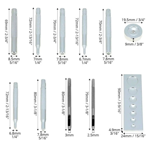 All In One Craft Tool Die Punch Snap Kit Rivet Setter with various sizes for DIY projects, includes base and extra long handles.