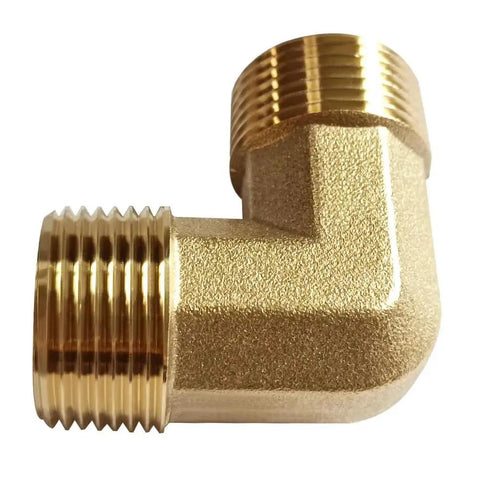Brass 3/4 NPT Male To 3/4 NPT Male Elbow Pipe Fitting with frosted finish, smooth edges, durable solid brass for water, oil, gas use